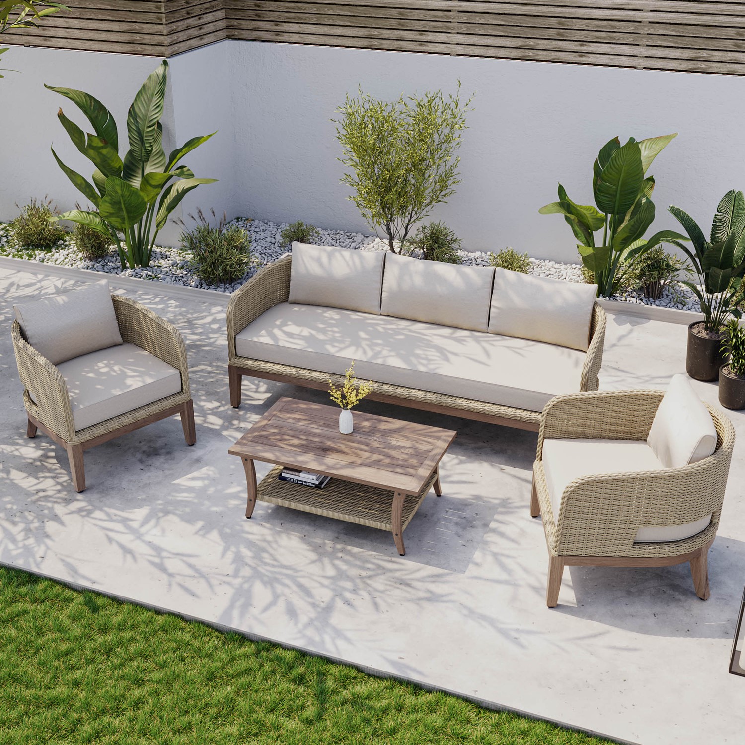5 Seater Beige Rattan Garden Sofa Set with Wooden Coffee Table ...