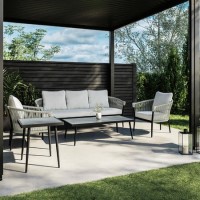 GRADE A1 - 5 Seater Cream Rope and Black Metal Garden Sofa Set with Coffee Tables - Aspen