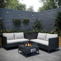 GRADE A1 - 4 Seater Black Wide Rattan Garden Corner Sofa Set with Storage and Fire Pit Table