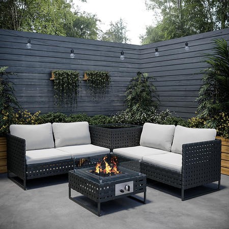 4 Seater Black Wide Rattan Garden Corner Sofa Set with Storage and Fire ...