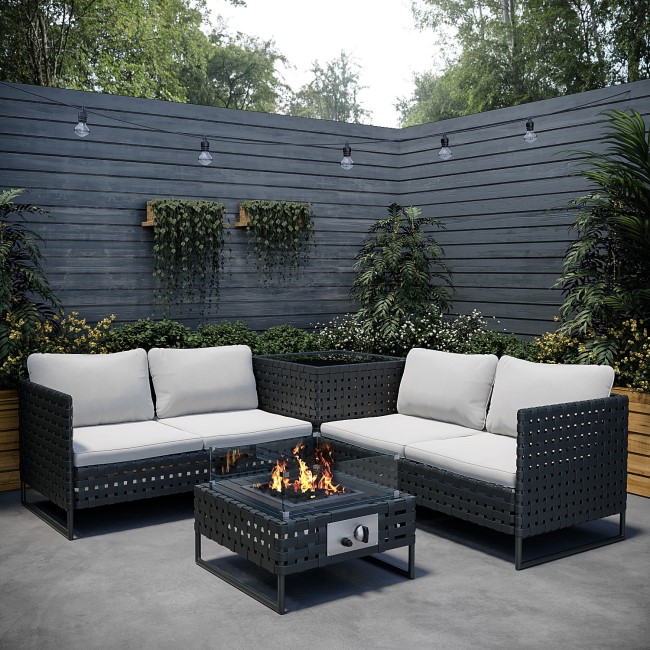 ALMOST PERFECT - 4 Seater Black Wide Rattan Garden Corner Sofa Set with Storage and Fire Pit Table