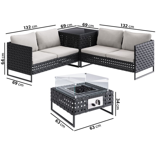 ALMOST PERFECT - 4 Seater Black Wide Rattan Garden Corner Sofa Set with Storage and Fire Pit Table