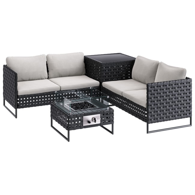 ALMOST PERFECT - 4 Seater Black Wide Rattan Garden Corner Sofa Set with Storage and Fire Pit Table