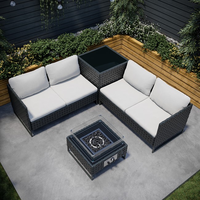 ALMOST PERFECT - 4 Seater Black Wide Rattan Garden Corner Sofa Set with Storage and Fire Pit Table