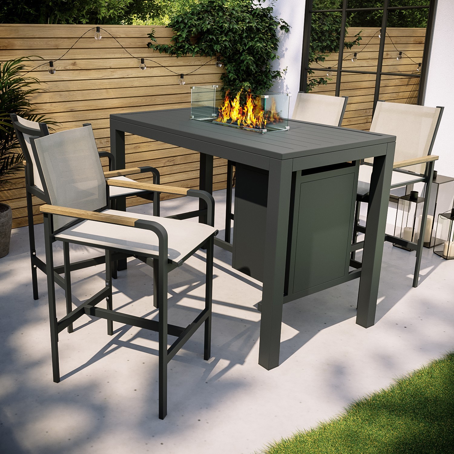 4 Seater Grey Metal Garden Bar Table Set with Fire Pit - Como ...