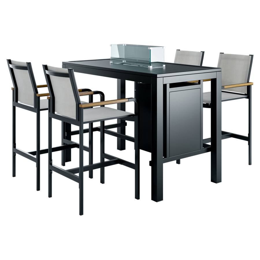 4 Seater Black Metal Garden Bar Table Set with Fire Pit