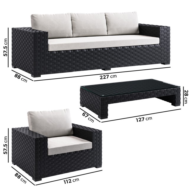 5 Seater Thick Weave Black Rattan Garden Sofa Set with Armchairs & Coffee Table - Aspen