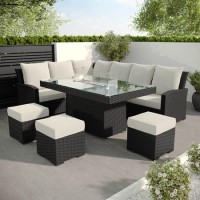 ONLY OPENED - 8 Seater Black Rattan Corner Garden Dining Set with Firepit Table ONLY OPENED - 8 Seater Black Rattan Corner Garden Dining Set with Firepit Table