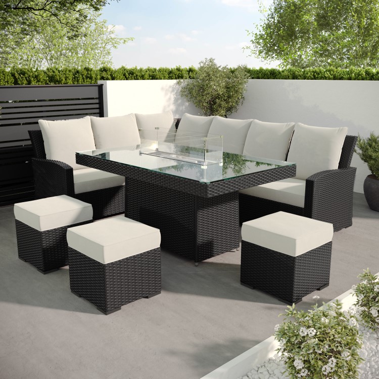 8 Seater Black Rattan Corner Garden Dining Set with Firepit Table - Aspen