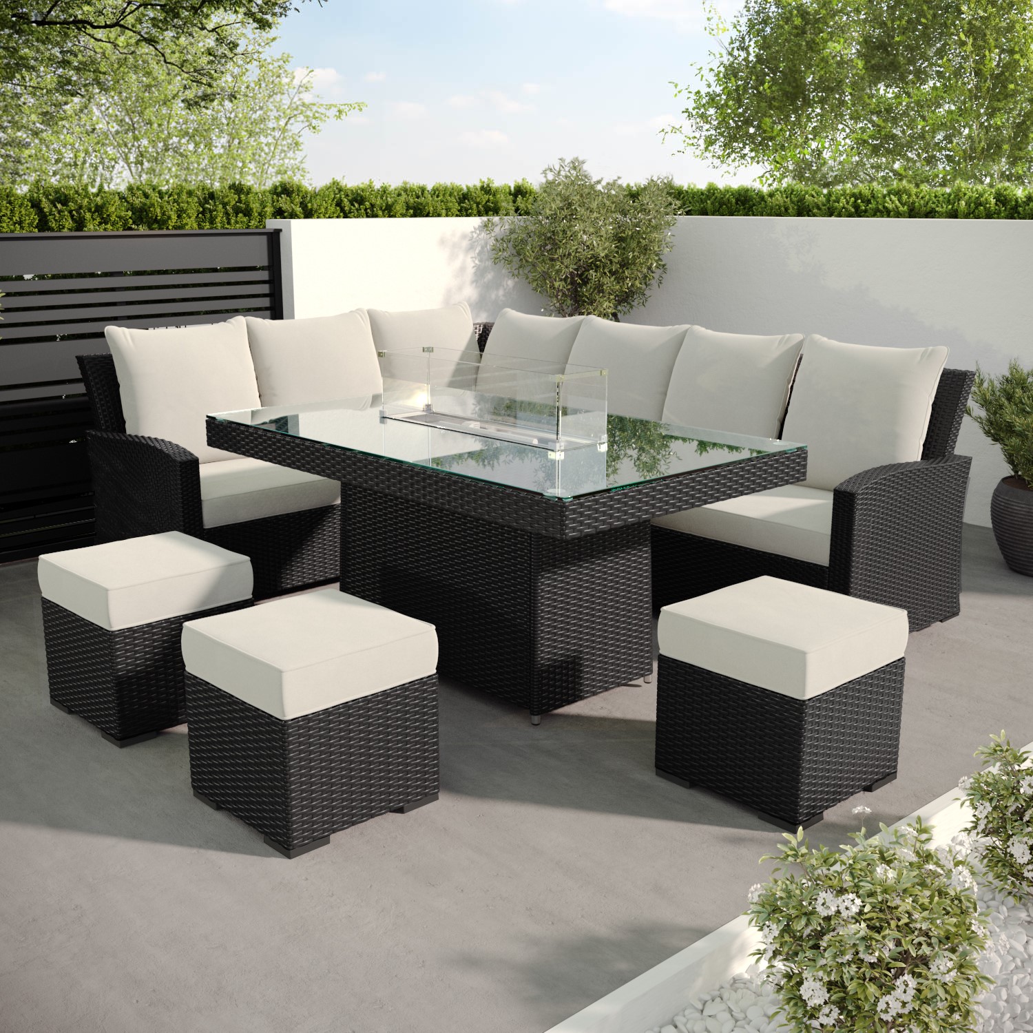 Aspen Black 8 Seater Rattan Corner Garden Dining Set With Firepit Table