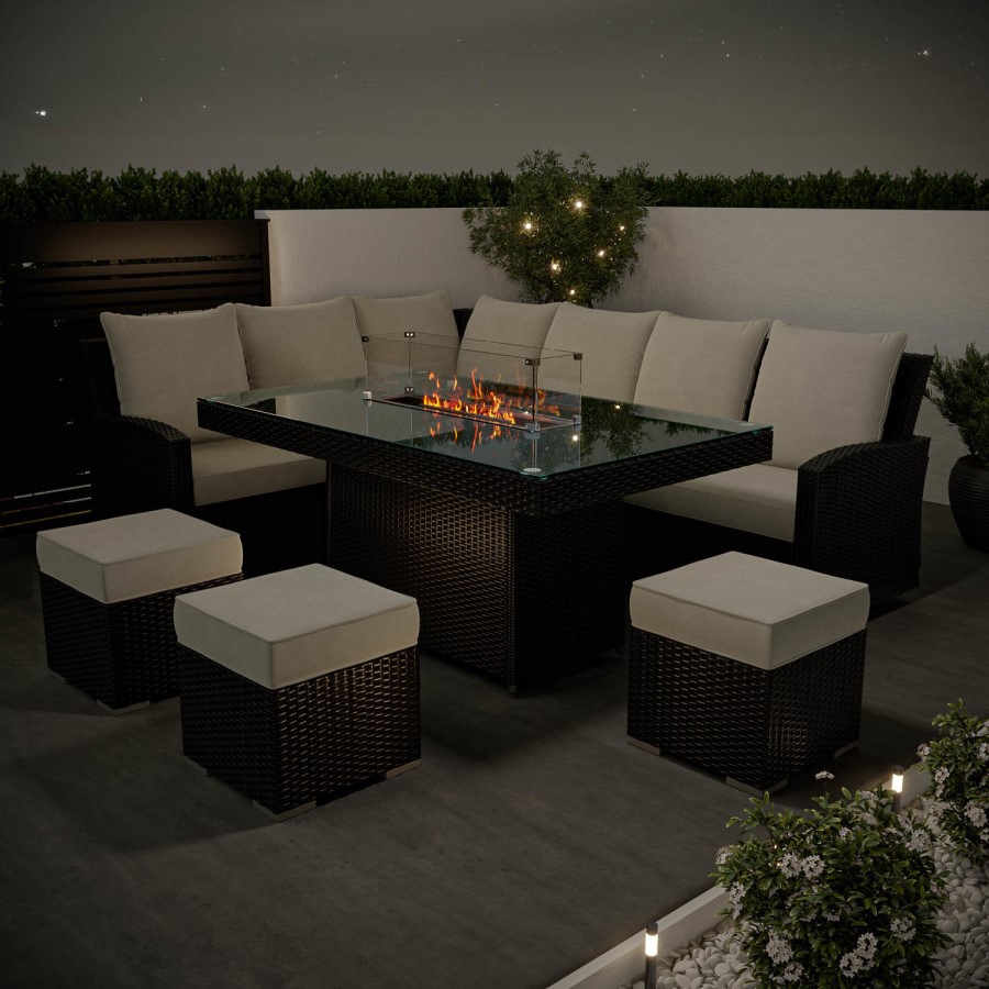ONLY OPENED - 8 Seater Black Rattan Corner Garden Dining Set with Firepit Table