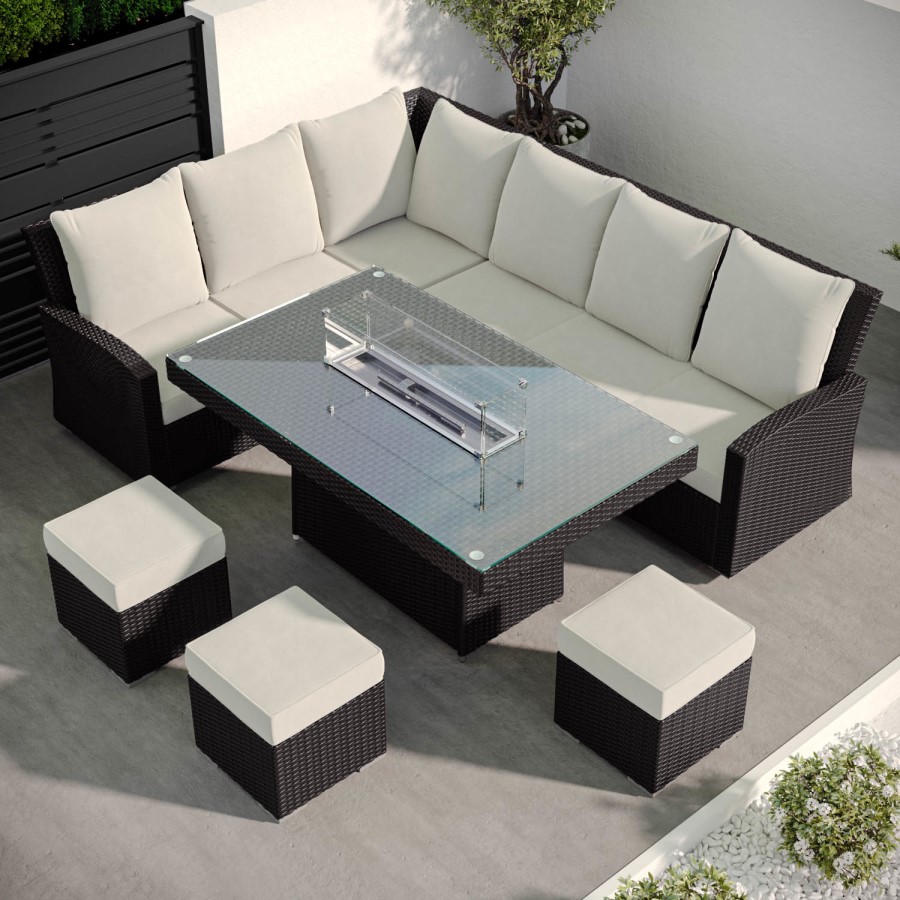 ONLY OPENED - 8 Seater Black Rattan Corner Garden Dining Set with Firepit Table