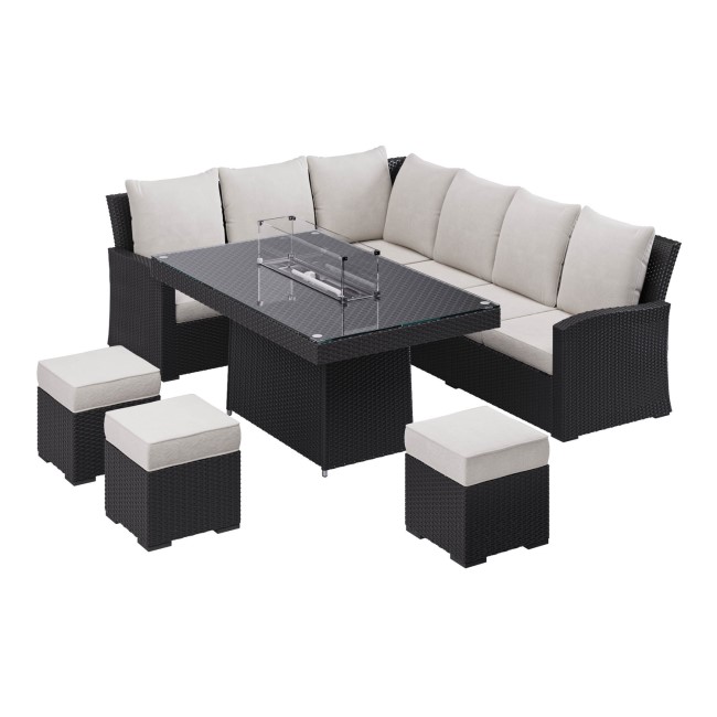 8 Seater Black Rattan Corner Garden Dining Set with Firepit Table - Aspen