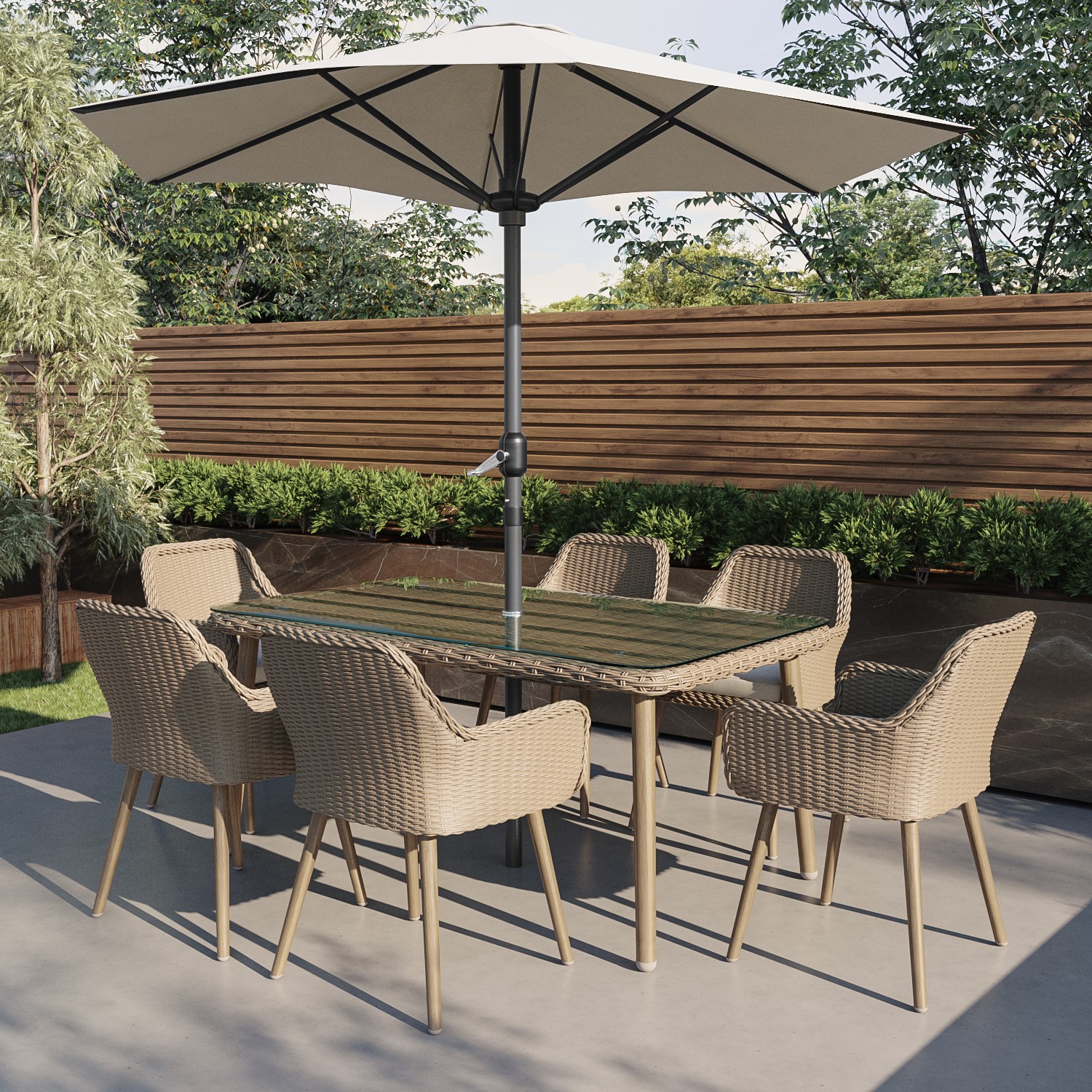6 Seater Rattan Garden Dining Set Parasol Included