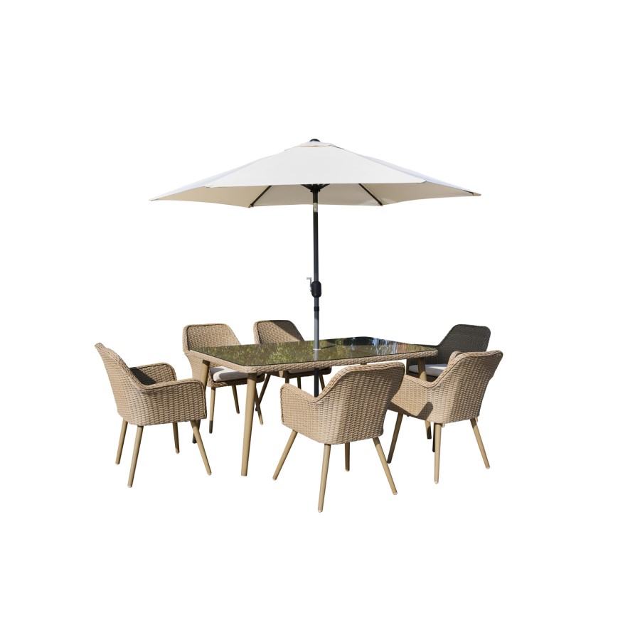 ONLY OPENED - Light Rattan 6 Seater Dining Set with Parasol