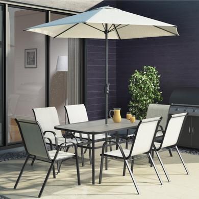 GRADE A1 - Cream Garden Table & Chairs Patio Set with 6 Chairs & Parasol 