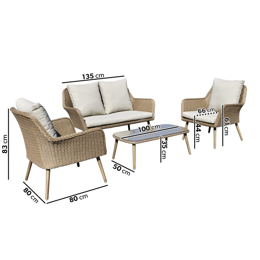 4 Seater Light Rattan Sofa Set with Coffee Table - Fortrose