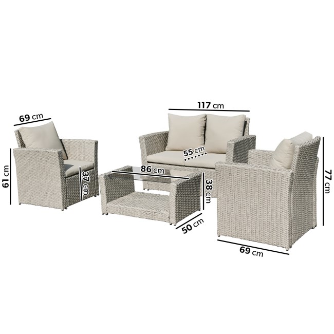 4 Seater Light Rattan Sofa Set with Glass Coffee Table - Fortrose