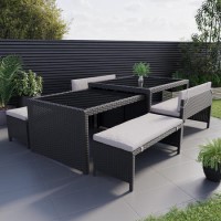 8 Seater Black Rattan Dining Set with Bench Seating & Extendable Table - Fortrose