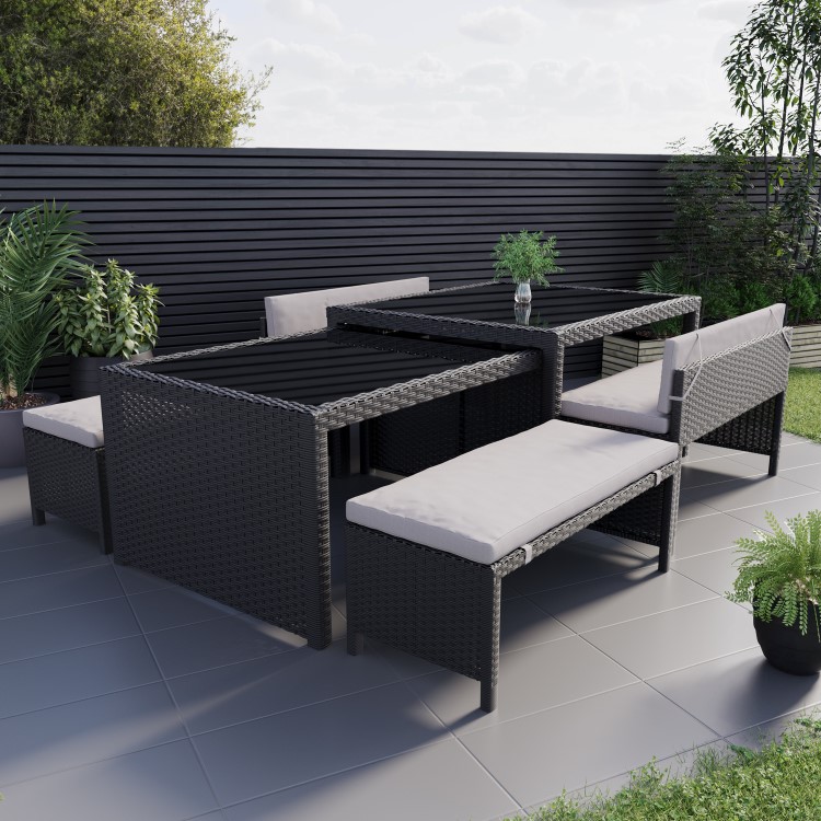 GRADE A2 - 8 Seater Black Rattan Dining Set with Bench Seating & Extendable Table - Fortrose