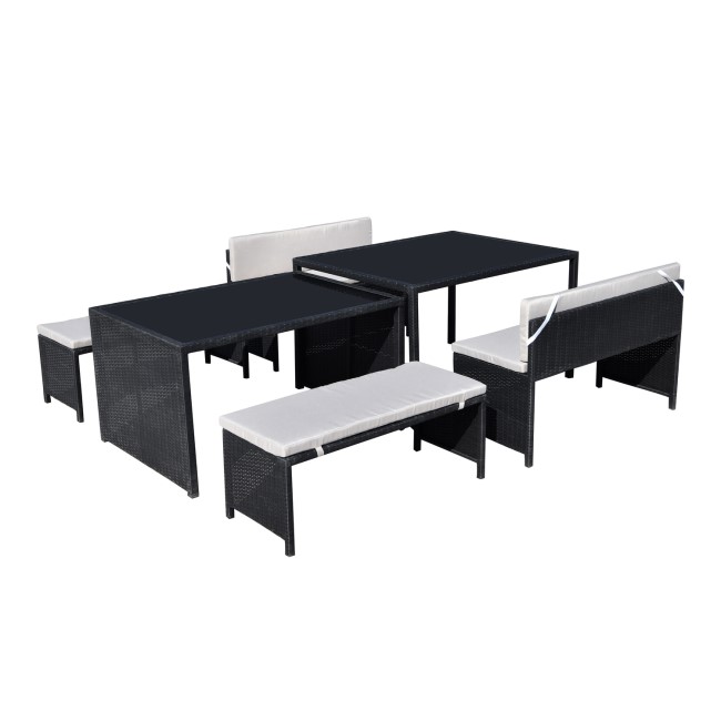 8 Seater Black Rattan Dining Set with Bench Seating & Extendable Table - Fortrose