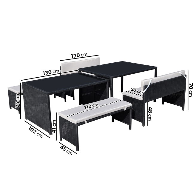 8 Seater Black Rattan Dining Set with Bench Seating & Extendable Table - Fortrose