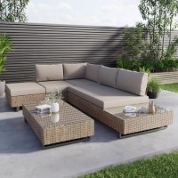 5 Seater Neutral Rattan Corner Sofa Set with Reclining Sun Lounger and Glass Top Coffee Table - Fortrose