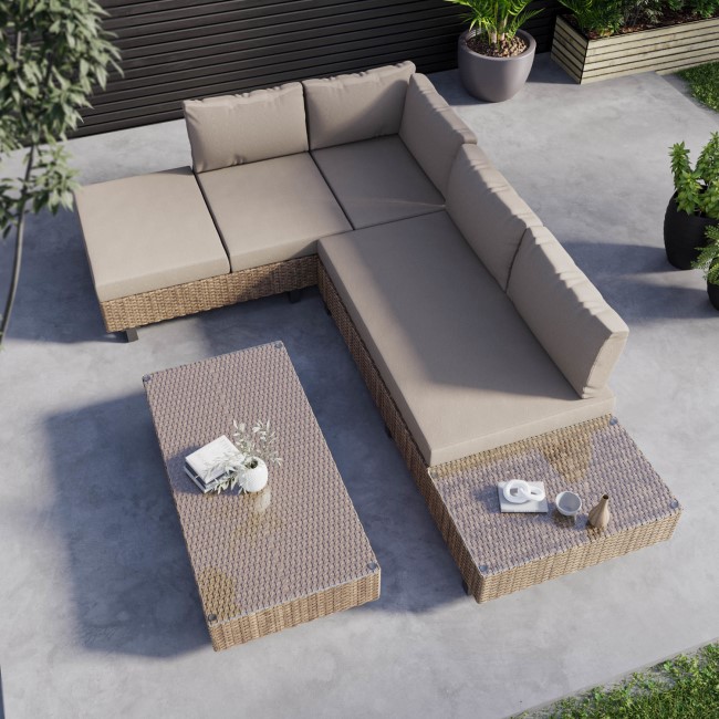 5 Seater Neutral Rattan Corner Sofa Set with Reclining Sun Lounger and Glass Top Coffee Table - Fortrose