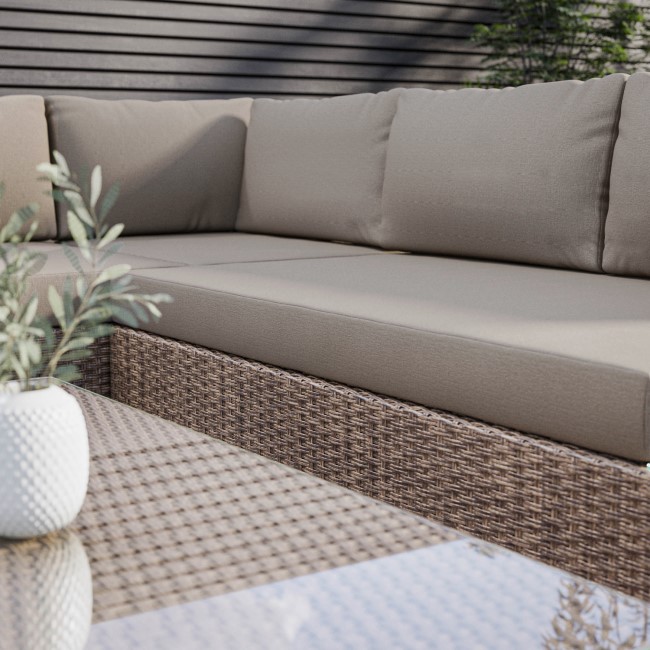 5 Seater Neutral Rattan Corner Sofa Set with Reclining Sun Lounger and Glass Top Coffee Table - Fortrose