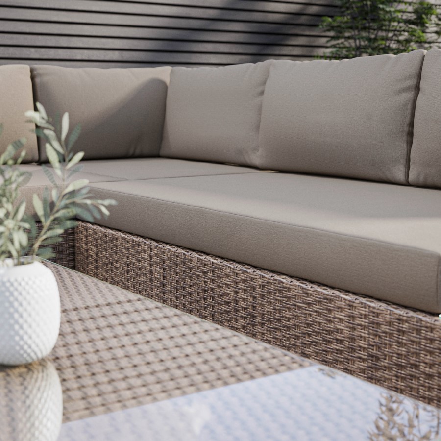 GRADE A1 - Natural Rattan Corner Sofa Set with Reclining Sun Lounger and Glass Top Coffee Table - Fortrose