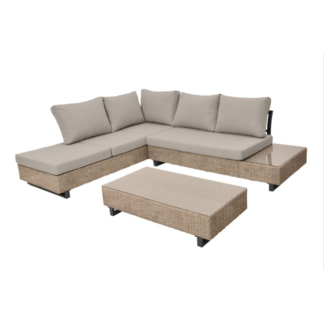 5 Seater Neutral Rattan Corner Sofa Set with Reclining Sun Lounger and Glass Top Coffee Table - Fortrose