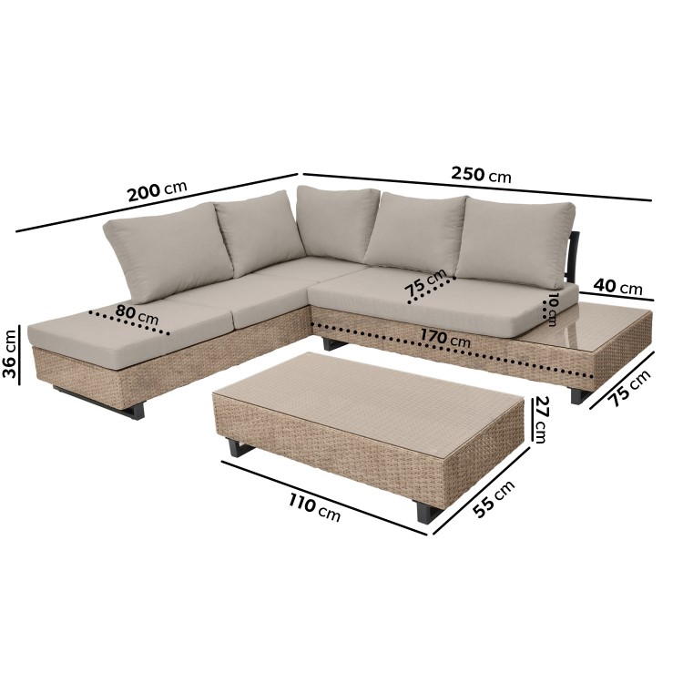 5 Seater Neutral Rattan Corner Sofa Set with Reclining Sun Lounger and Glass Top Coffee Table - Fortrose