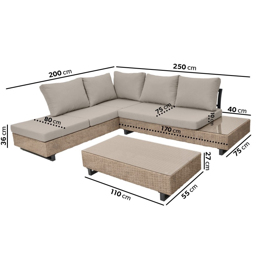 GRADE A1 - Natural Rattan Corner Sofa Set with Reclining Sun Lounger and Glass Top Coffee Table - Fortrose