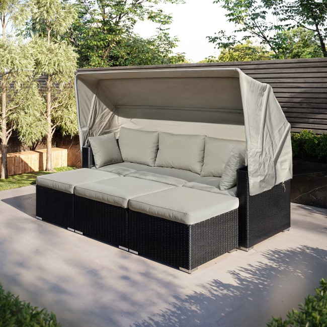 ONLY OPENED - 3 Seater Black Rattan Modular Cube Sun Lounger Sofa Set with Sun Shade - Fortrose