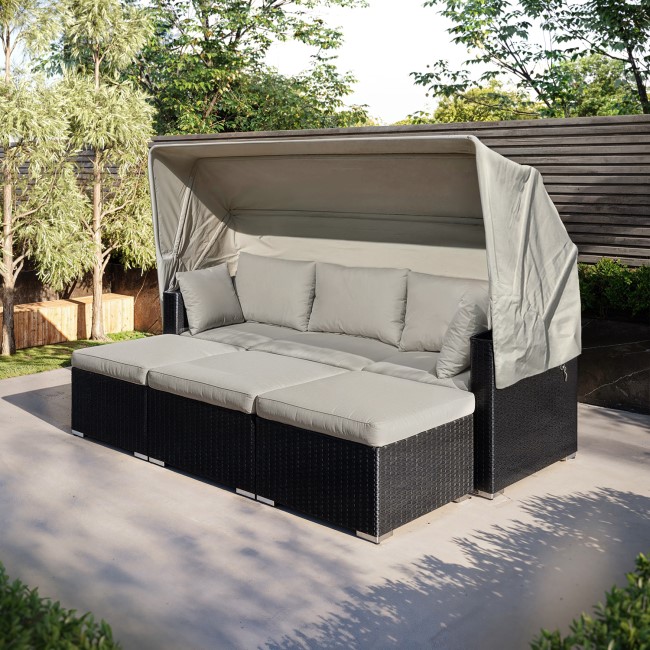 Black Rattan Modular Cube Sun Lounger Set with Sun Shade - Fortrose ...