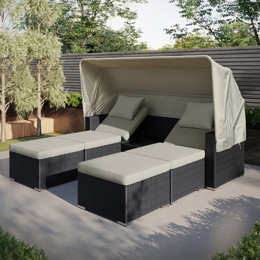 3 Seater Black Rattan Modular Cube Sun Lounger Garden Sofa Set with Sun Shade