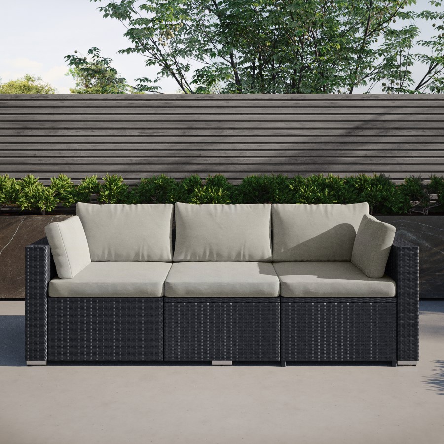 3 Seater Black Rattan Modular Cube Sun Lounger Garden Sofa Set with Sun Shade