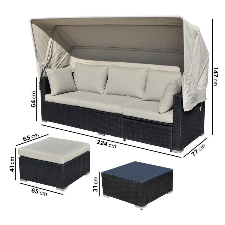 ONLY OPENED - 3 Seater Black Rattan Modular Cube Sun Lounger Sofa Set with Sun Shade - Fortrose