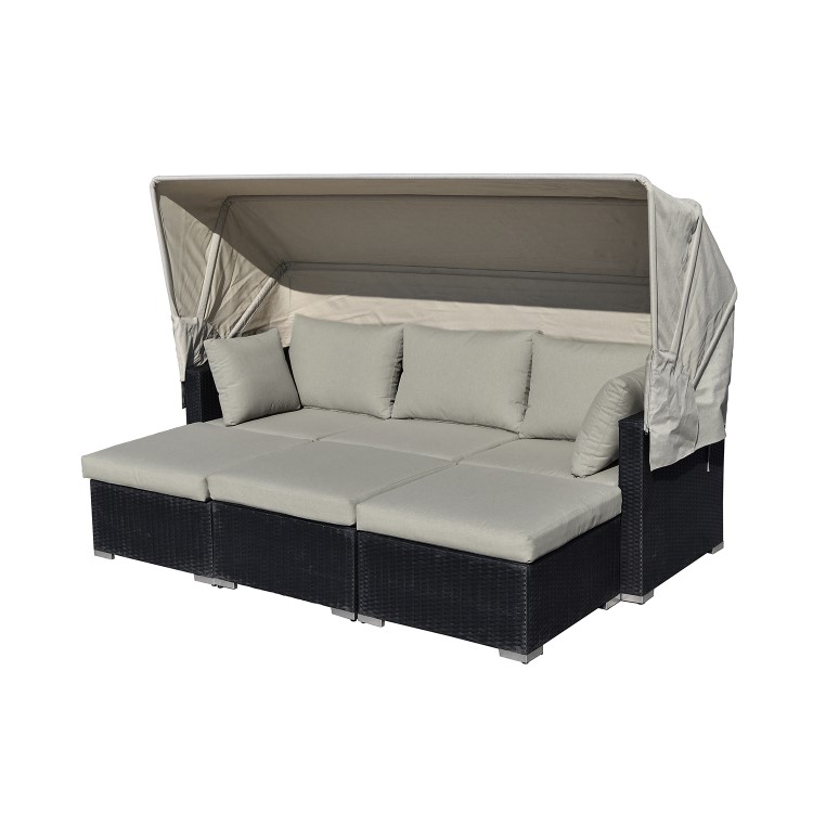 ONLY OPENED - 3 Seater Black Rattan Modular Cube Sun Lounger Sofa Set with Sun Shade - Fortrose