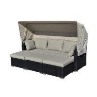 3 Seater Black Rattan Modular Cube Sun Lounger Garden Sofa Set with Sun Shade
