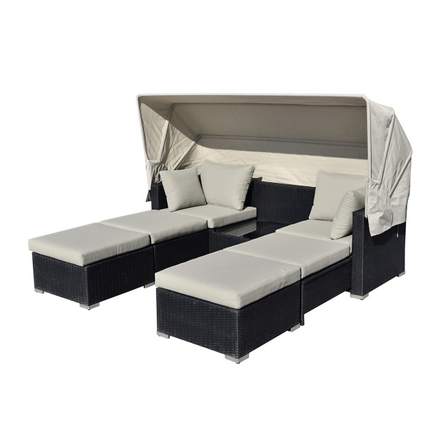 ONLY OPENED - 3 Seater Black Rattan Modular Cube Sun Lounger Sofa Set with Sun Shade - Fortrose