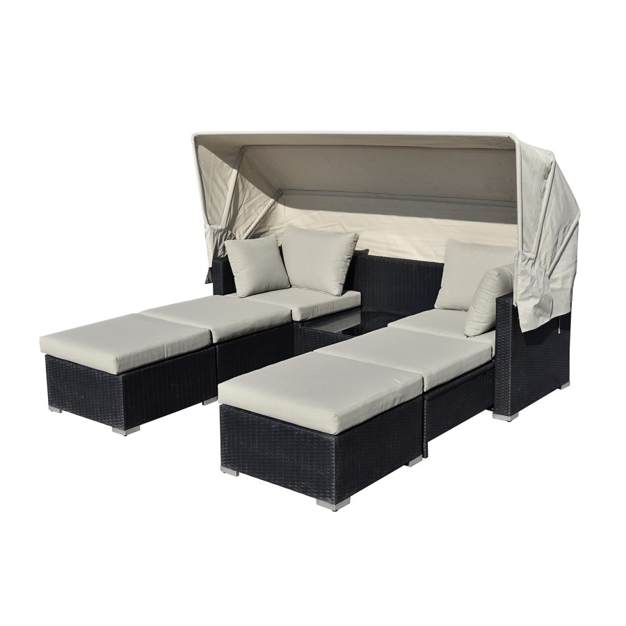 3 Seater Black Rattan Modular Cube Sun Lounger Garden Sofa Set with Sun Shade