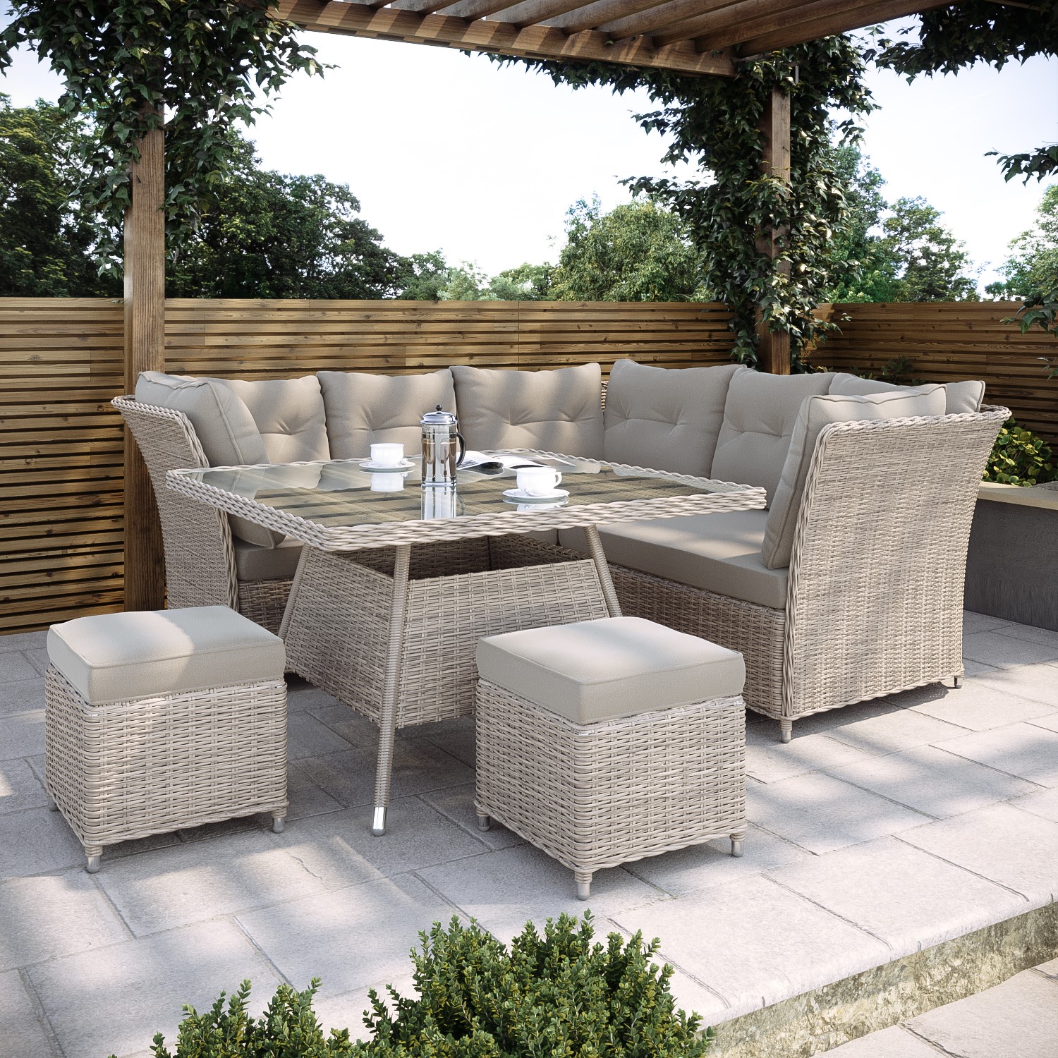 7 Seater Light Rattan Garden Corner Sofa Set 2 Stools Glass Table Top