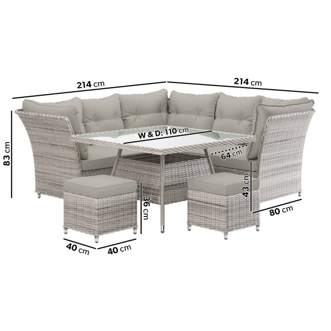 7 Seater Light Rattan Corner Sofa Set with 2 Stools and Heat Resistant Glass Table Top - Fortrose