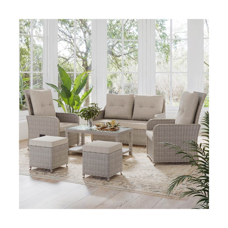 6 Seater Light Rattan Sofa Set with Glass Top Coffee Table - Fortrose