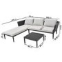 6 Seater Black Woven Rattan Corner Sofa Set with Beige Cushions and Square Glass Top Coffee Table