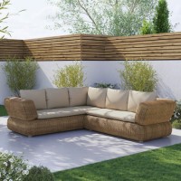 5 Seater Neutral Rattan Curved Corner Sofa Set with Beige Cushions 5 Seater Neutral Rattan Curved Corner Sofa Set with Beige Cushions