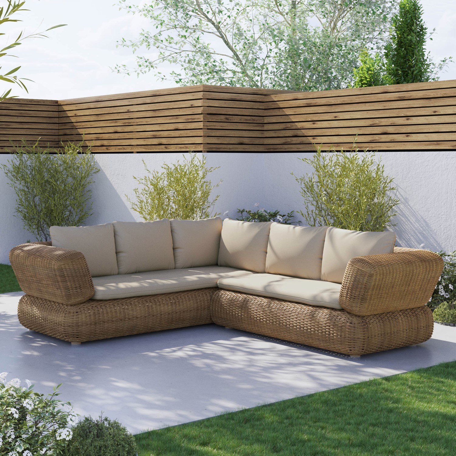 5 Seater Neutral Rattan Curved Corner Sofa Set with Beige Cushions ...