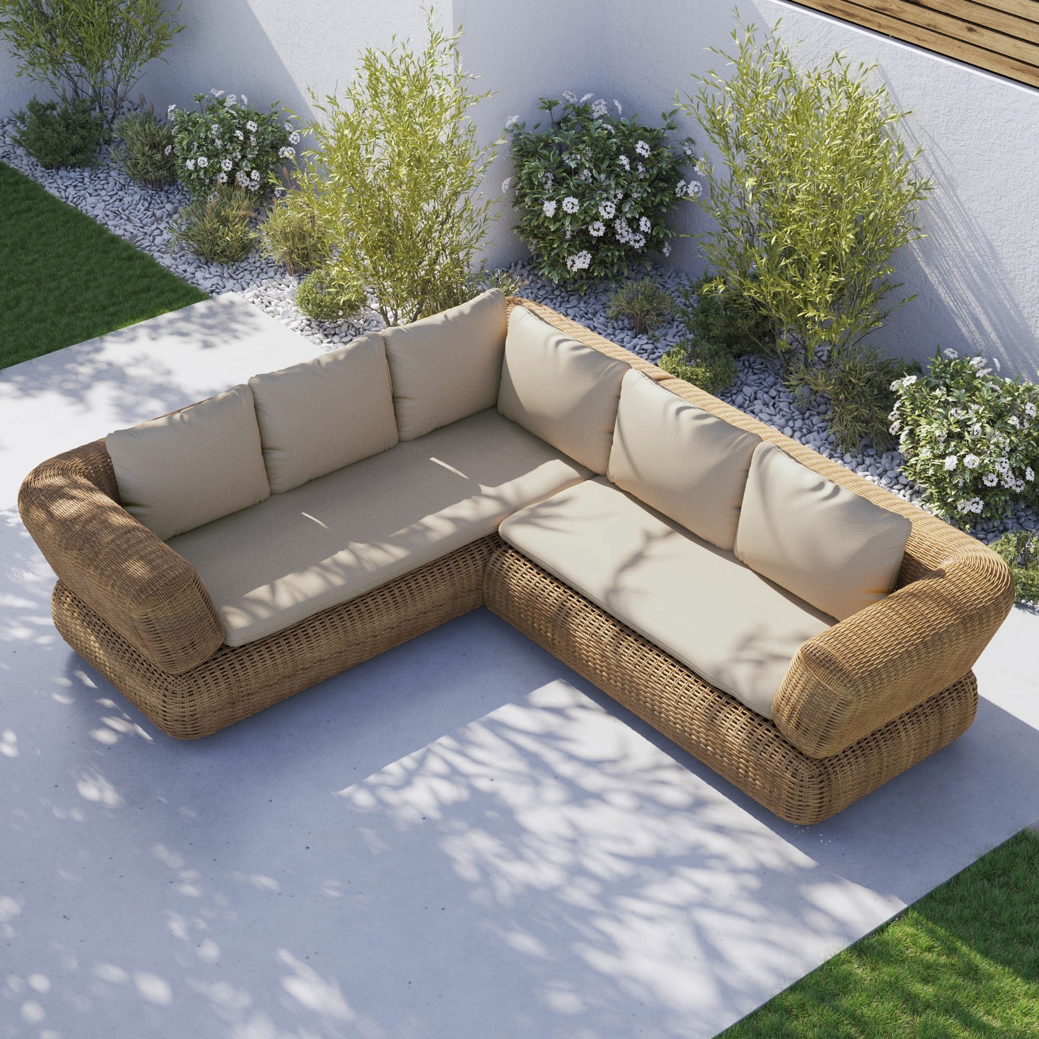 5 Seater Neutral Rattan Curved Corner Sofa Set with Beige Cushions ...