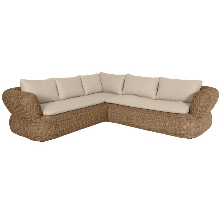 5 Seater Neutral Rattan Curved Corner Sofa Set with Beige Cushions